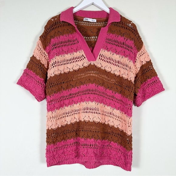 Zara OVERSIZED STRIPED KNIT POLO SWEATER Pink - Picture 6 of 16